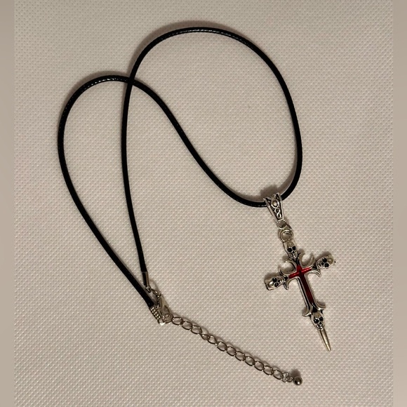 Silver Skull Cross Pendant on a Black Cord Necklace - Picture 4 of 7